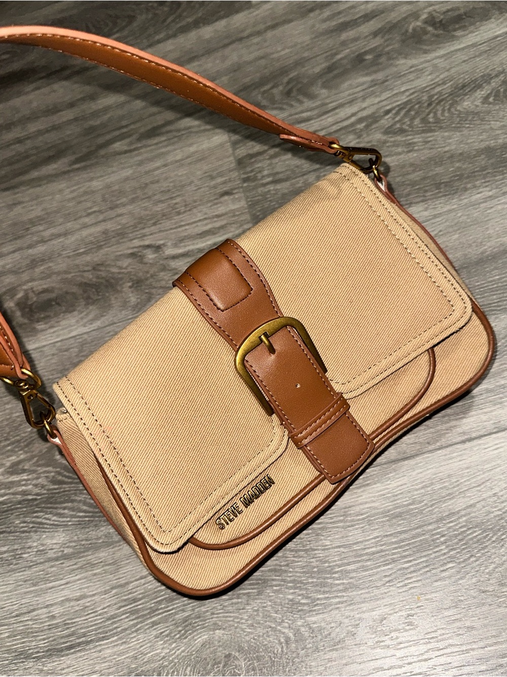 Steve Madden Tan & Brown Canvas Crossbody with Buckle Detail